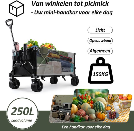 CALIYO Bolderkar Opvouwbaar - 250 Liter - 150 KG Draagkracht - Draaibare wielen mét rem - Verstelbare hendel - Inklapbare Bolderwagen - Compact - Zwart van CALIYO — afbeelding 3