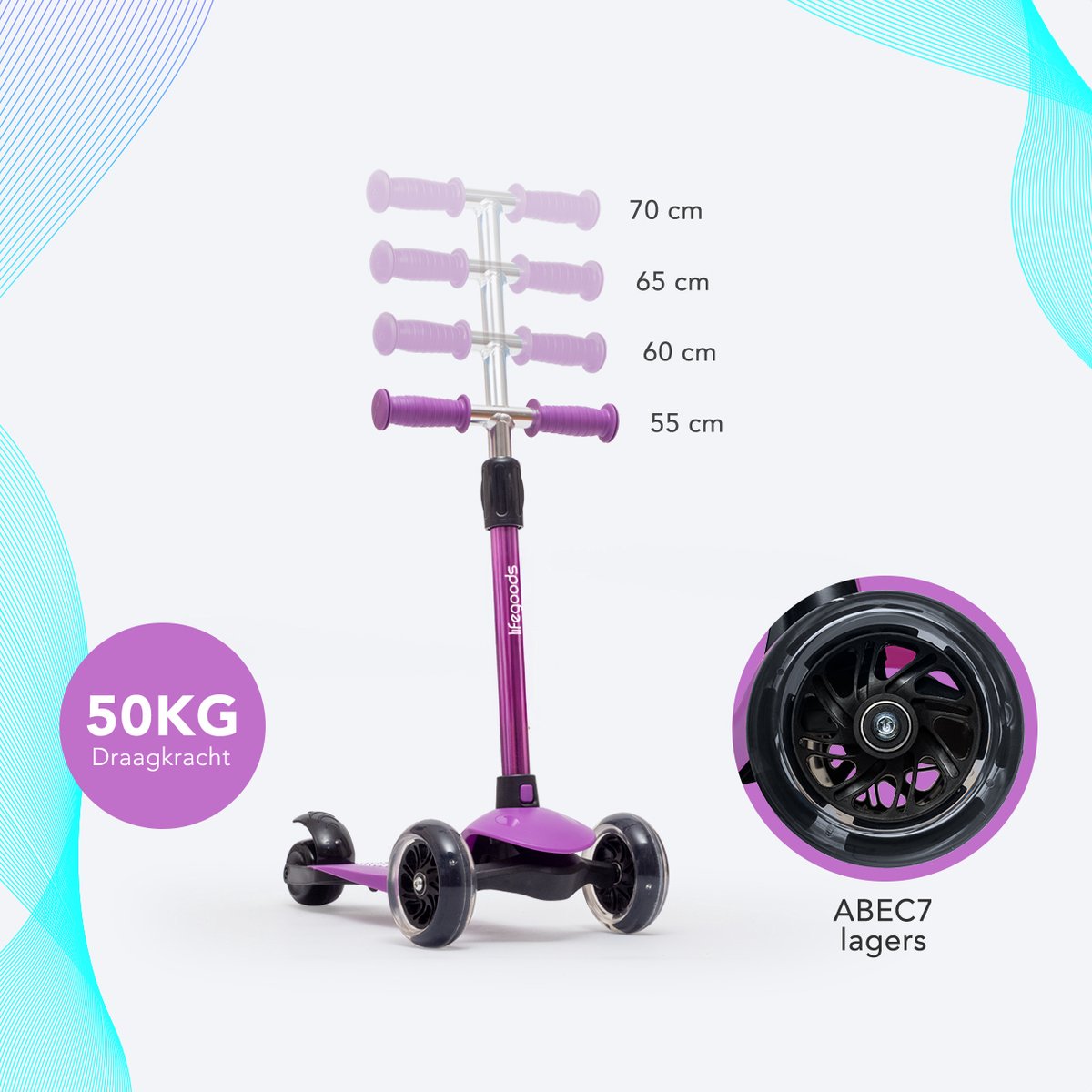 LifeGoods Kinderstep - Step 2-5 Jaar - 3 Lichtgevende LED Wielen - Hoogte Verstelbaar - Jongens/Meisjes - Paars — afbeelding 4