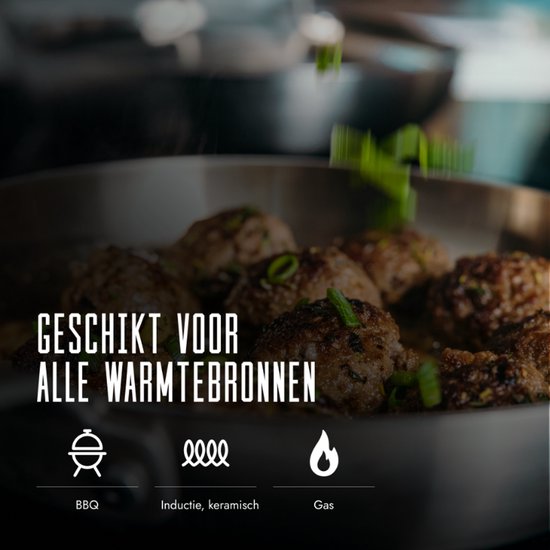 Roestvrijstalen wokpan met gehaktballetjes, met icoontjes voor BBQ, inductie/keramisch en gas. Tekst: Geschikt voor alle warmtebronnen.