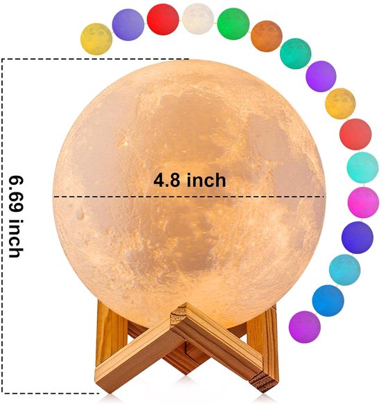 Maanlamp 3D - 12 cm Nachtlampje voor Kinderen - 16 RGB Kleuren