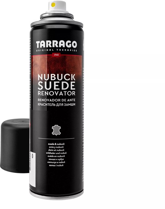 Tarrago Nubuck Suede Renovator spray, kleurloos, met zwarte dop ernaast.