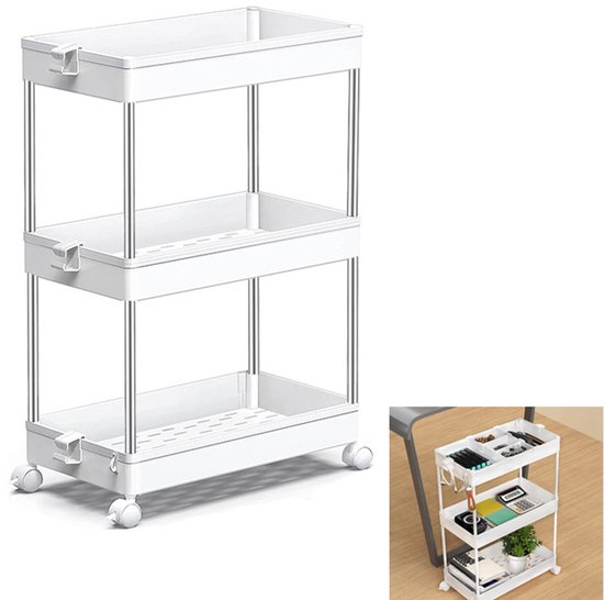 Chariot de rangement à roulettes - Étagère de rangement - Chariot d'art - Facile à assembler - Organise les articles - Convient pour le rangement de la cuisine, de la chambre, du salon, du support à fleurs - Wit