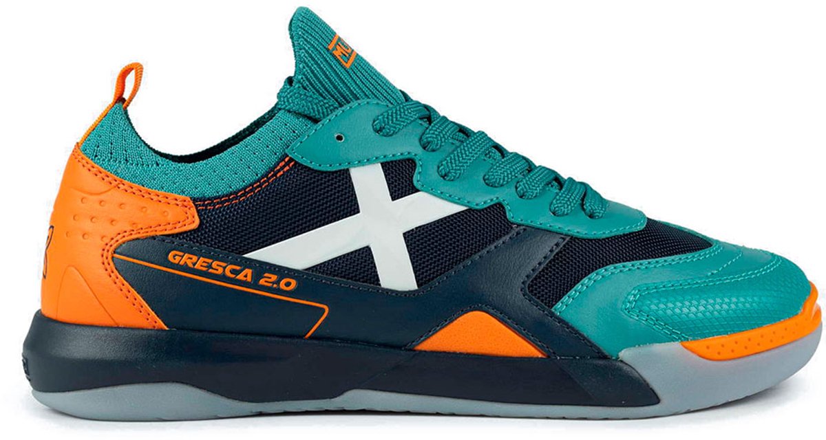 Munich Gresca 2.0 07 zaalschoenen in blauw met oranje en groene accenten, EU 39, ontworpen voor comfort en prestaties.