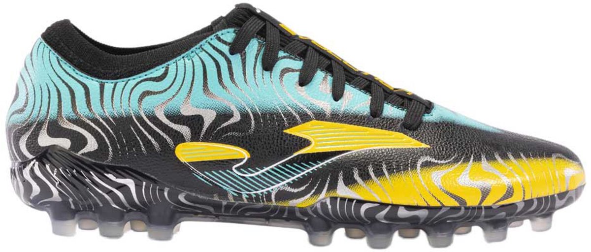 Zwarte Joma Evolution Cup Ag voetbalschoenen EU 46 met kleurrijke golvende patronen, ontworpen voor kunstgras.