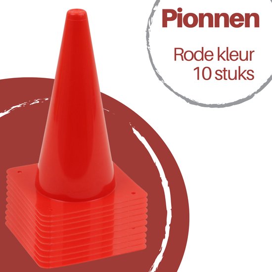 Stapel van 10 rode pionnen. Tekst in beeld: 'Pionnen Rode kleur 10 stuks'.