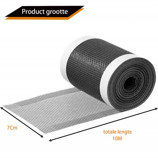 Rol met grijze gaas en witte rand, met tekst "Product grootte", "7cm" en "totale lengte 10M".