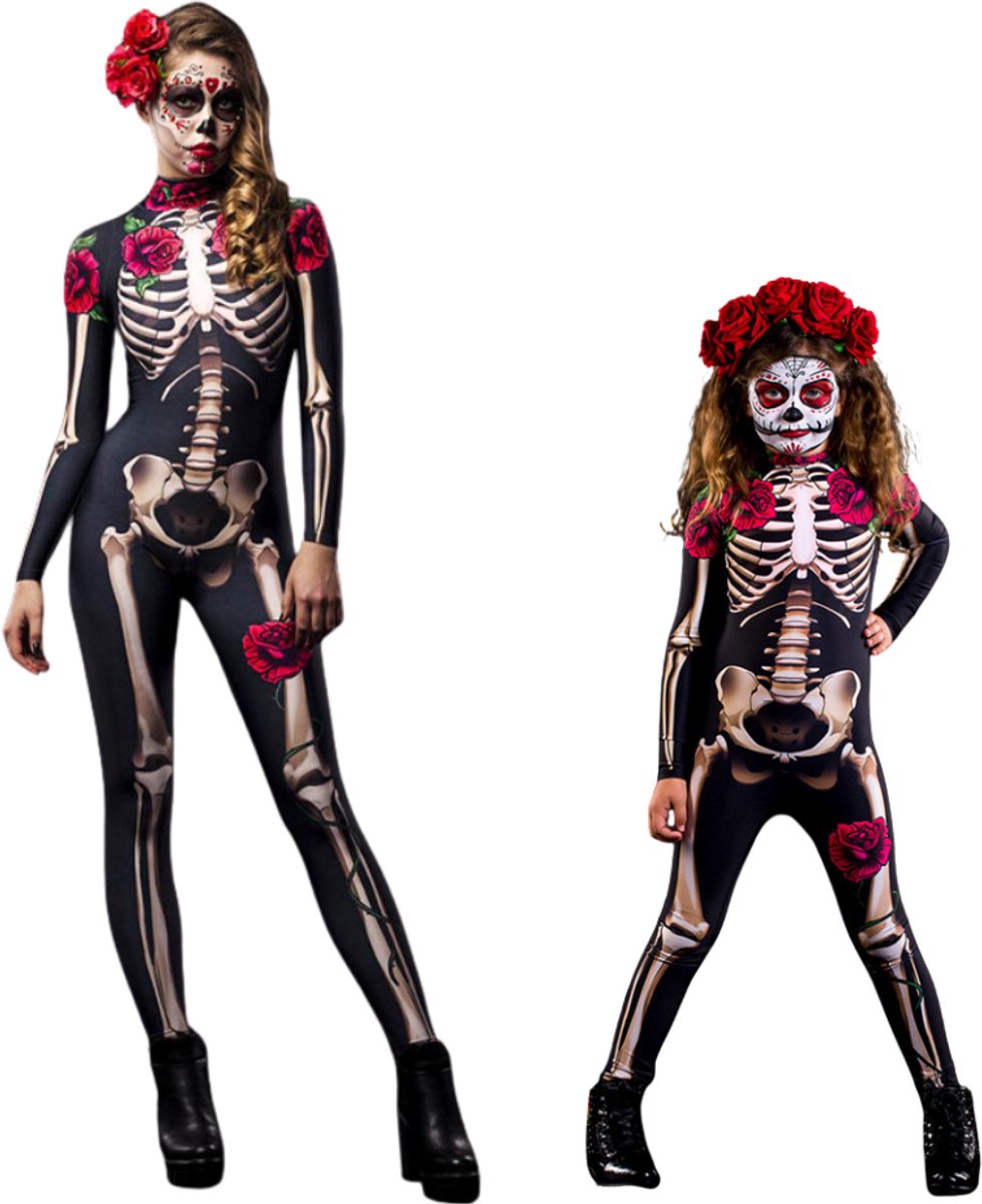 Joya Kids® Skelet Verkleedpak Rozenprint Kinderen | Jumpsuit Halloween Kostuum | Día de los Muertos Verkleed Kostuum Meisje | Stretch Carnaval Outfit | — afbeelding 6