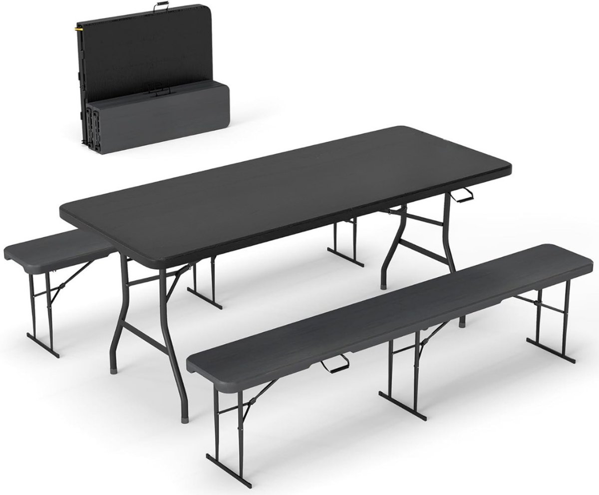 ADSafety Inklapbare Tafel met 2 Tuinbanken - Campingtafel - Picknicktafelset - Klaptafel Buiten - Zwart