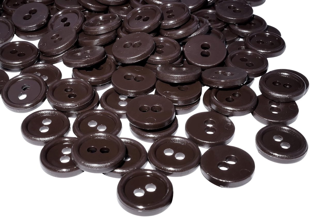 C56323 - Set met 100 ronde knopen Ã˜11,5x2,2 mm - donkerbruin - plastic - opening Ã˜2 mm
