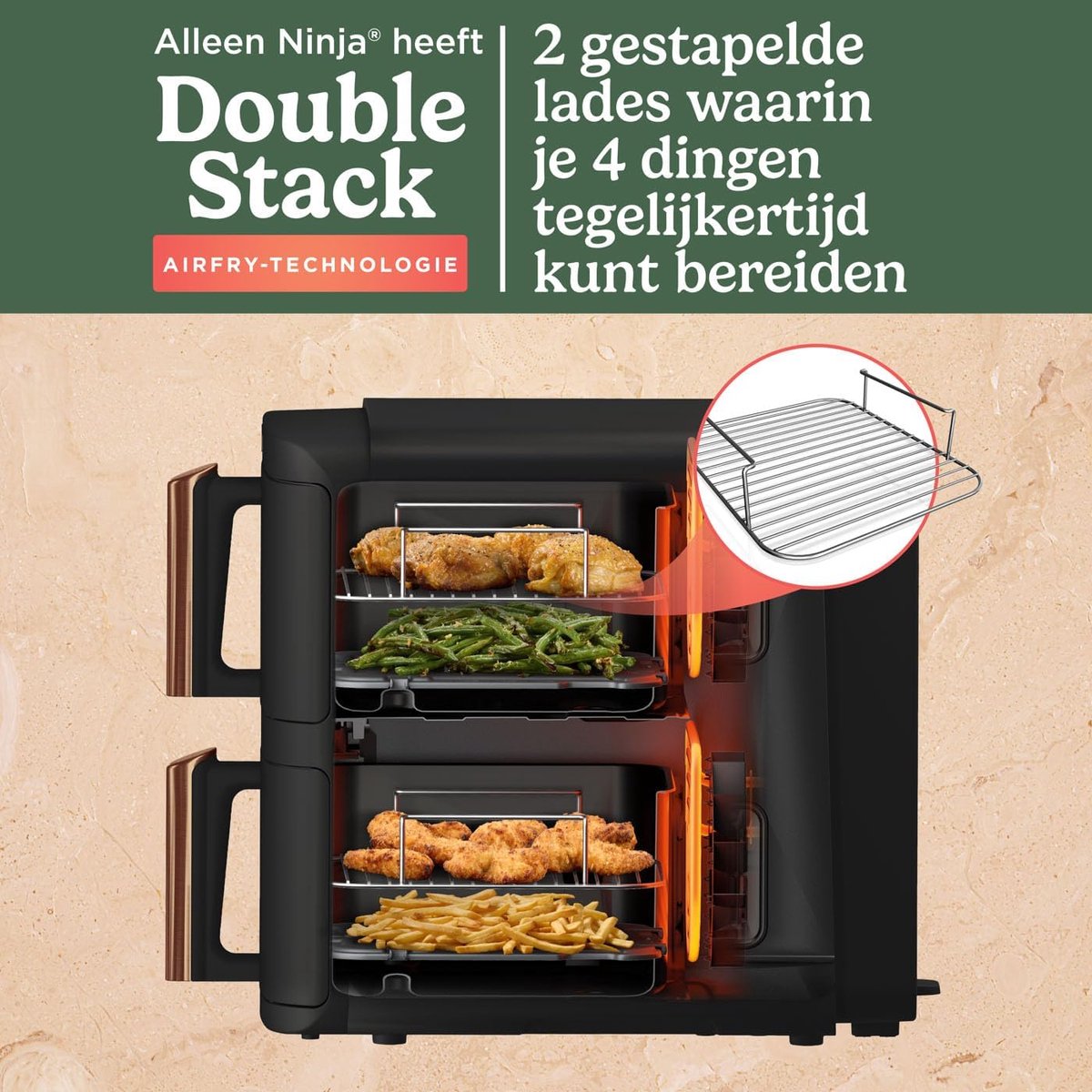 Afbeelding 2 van Ninja Double Stack XL Airfryer (SL400EUCP) – 9,5L – Verticale Airfryer met 2 Lades & 4 Bereidingsniveaus – Ruimtebesparend – 6 Functies – Incl. Tang – 8 Porties