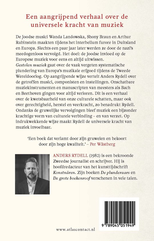 Boekomslag met portret van Anders Rydell, de titel "Een aangrijpend verhaal over de universele kracht van muziek" en de tekst "Gestolen muziek" in rood.