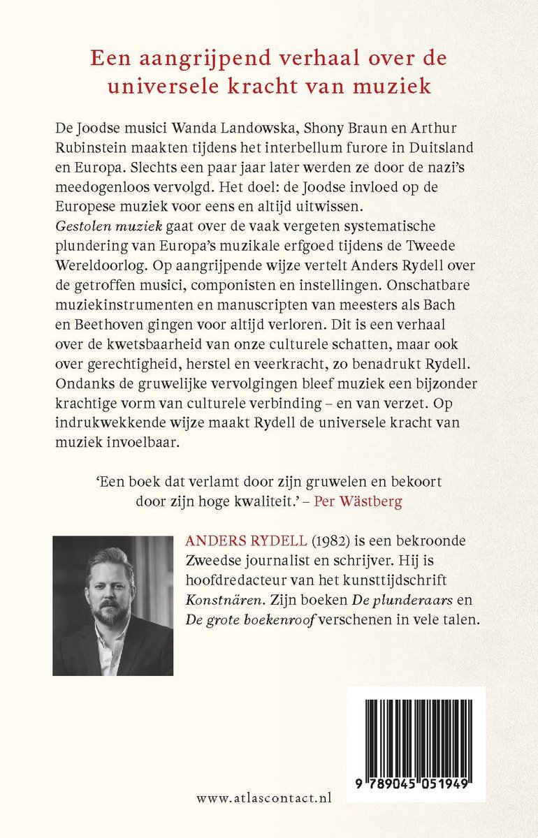 Boekomslag met portret van Anders Rydell, de titel "Een aangrijpend verhaal over de universele kracht van muziek" en de tekst "Gestolen muziek" in rood.
