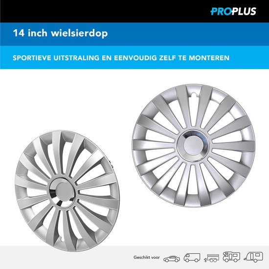 Set van twee zilveren 14 inch wieldoppen met sportieve uitstraling.
