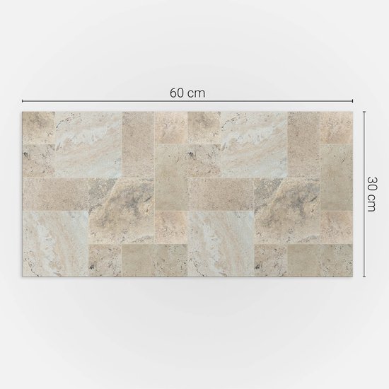 Beige vinyltegels met steenmozaïekpatroon, 60 cm bij 30 cm.