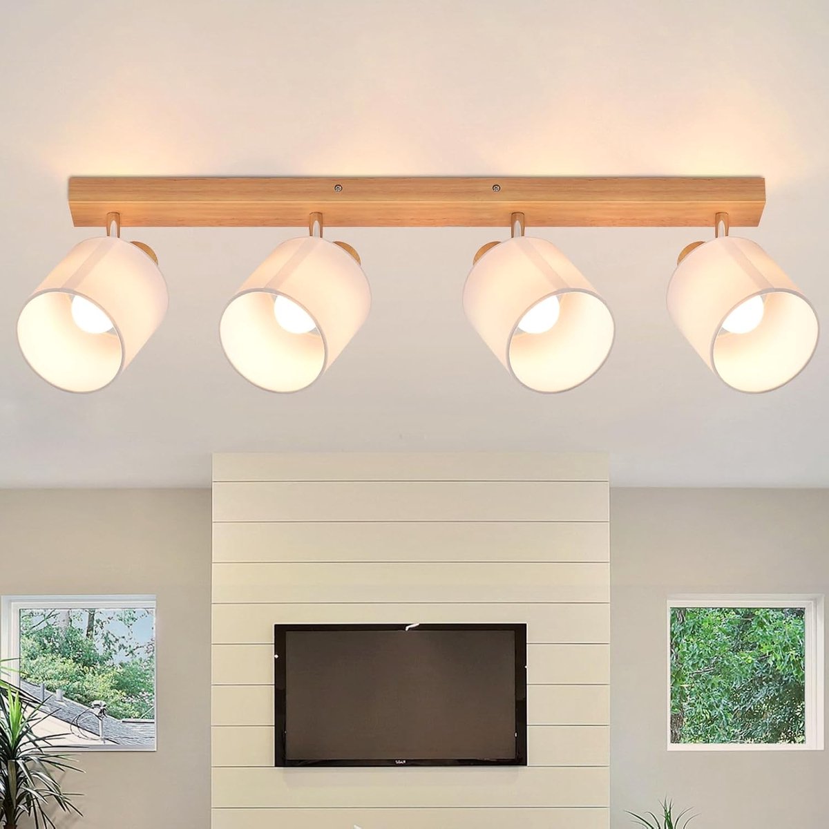 Glitzerlife - Plafondspot 4-lichts - Hout - Modern Scandinavisch - Draaibaar 350° - Stoffen kap - E14 - Woonkamer Slaapkamer Keuken Hal - Zonder lichtbron