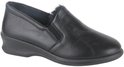 Zwarte lederen pantoffel met elastische inzet en bontrand.