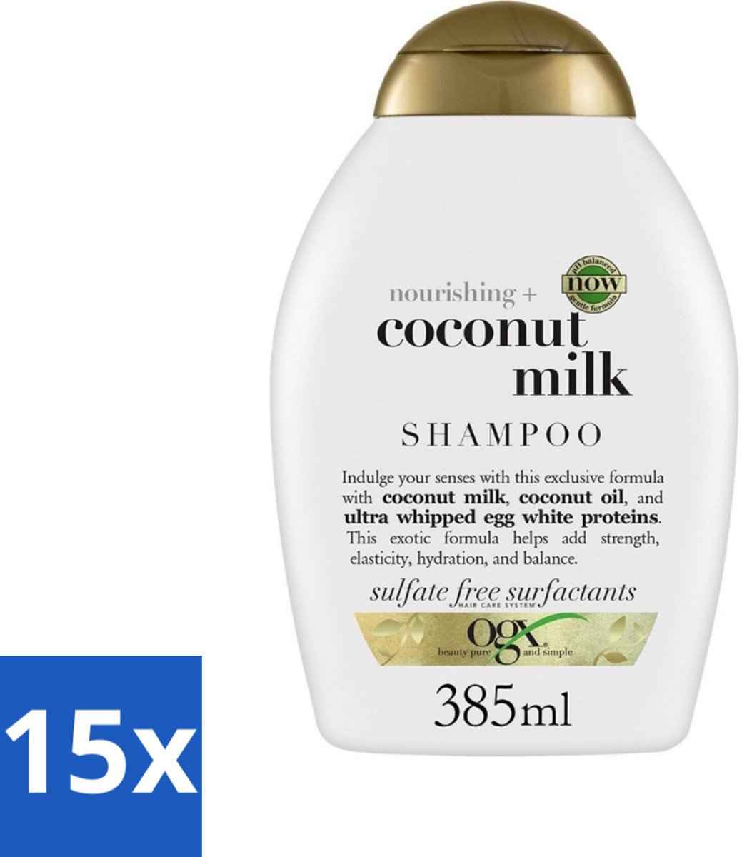 15 x OGX - Coconut Milk - Shampoo - Voedend - Tropische Geur - 385 ml - Kokosmelk Shampoo - Voedend Haar - Kokosgeur Shampoo - Gezond Haar - Haar Herstellen