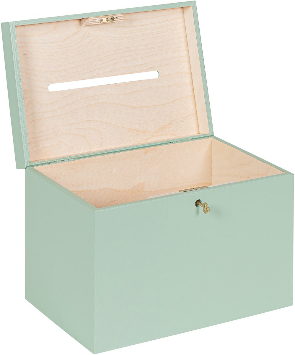 HAUDT® Enveloppenkist met slot BAS Tijm - 30 x 20 x 23 cm - houten kist met slot - incl. koperen sleutel - zacht groene opbergkist