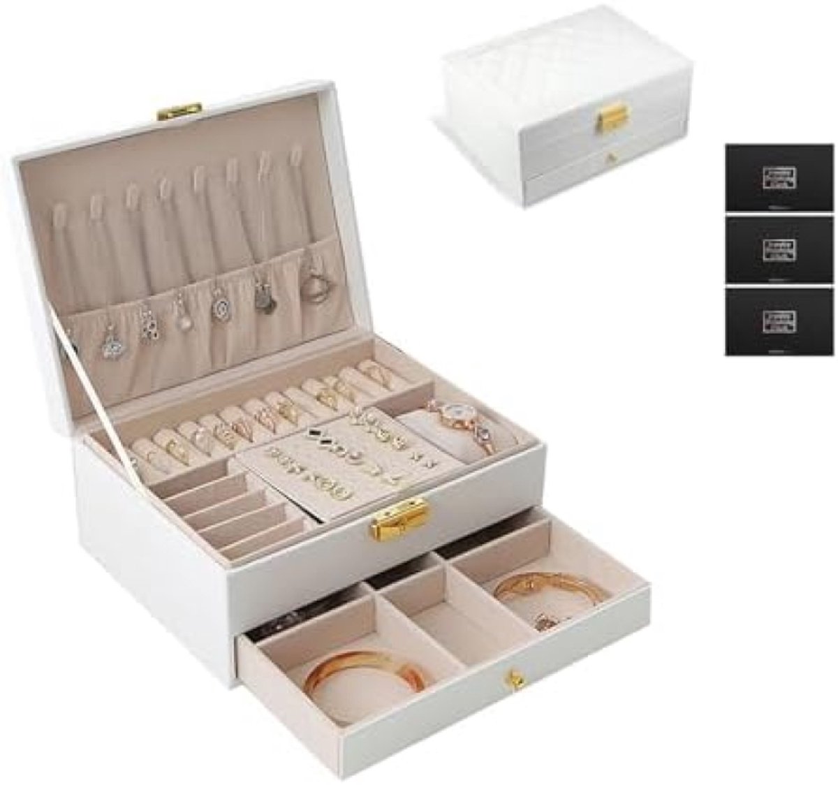 PromoHome Sieradendoos met Slot - 2 Lagen Organizer in Wit Kunstleer