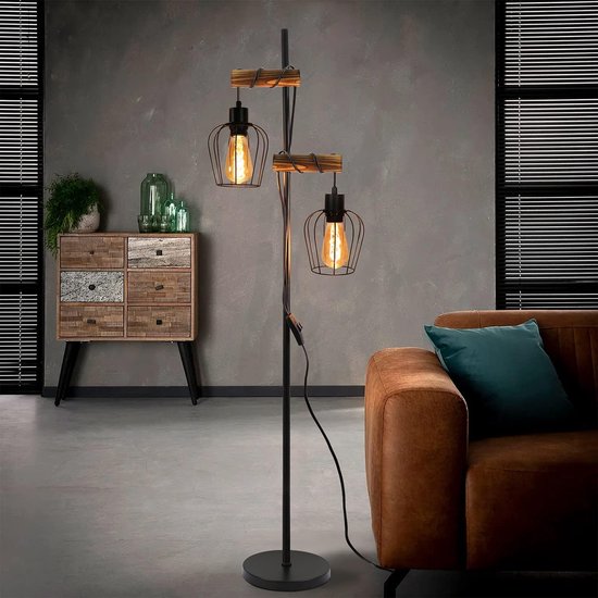 Glitzerlife Industriele Staande Lamp - Vintage Vloerlamp 151 cm - Zwart Metaal en Hout - 2-Lichts E27 (excl. lichtbron)