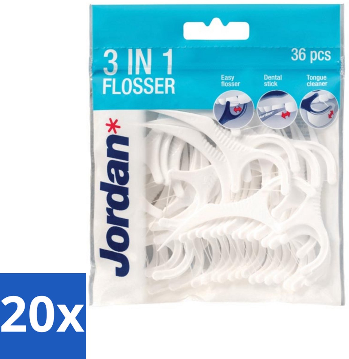 20 x Jordan Flosser 3-in-1 50 stuks per verpakking - 3-in-1 Flosser - Mondhygiëne - Flosdraad - Tandenstoker - Tongschraper