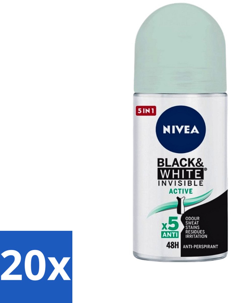 20 x Nivea - Deodorant - Roller - Black & White Invisible - Active - 50 ml - Anti-transpirant - Deodorant Roller - 48 Uur Bescherming - Witte Strepen Voorkomen - Gele Vlekken Voorkomen