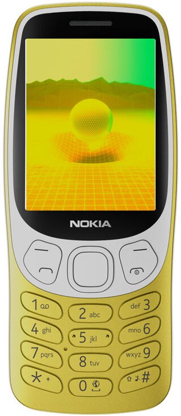 Gele Nokia 3210 telefoon met nummeriek toetsenbord en kleurenscherm met afbeelding.