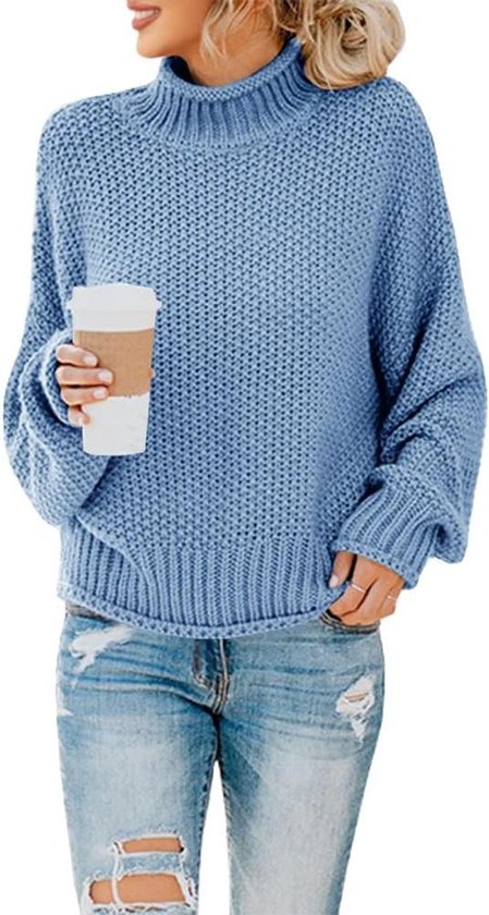 Allecto plus - Pull à col roulé oversize pour femme, manches chauve-souris et grosse maille bleue, taille M. Elegant et confortable pour les outfit décontractées.