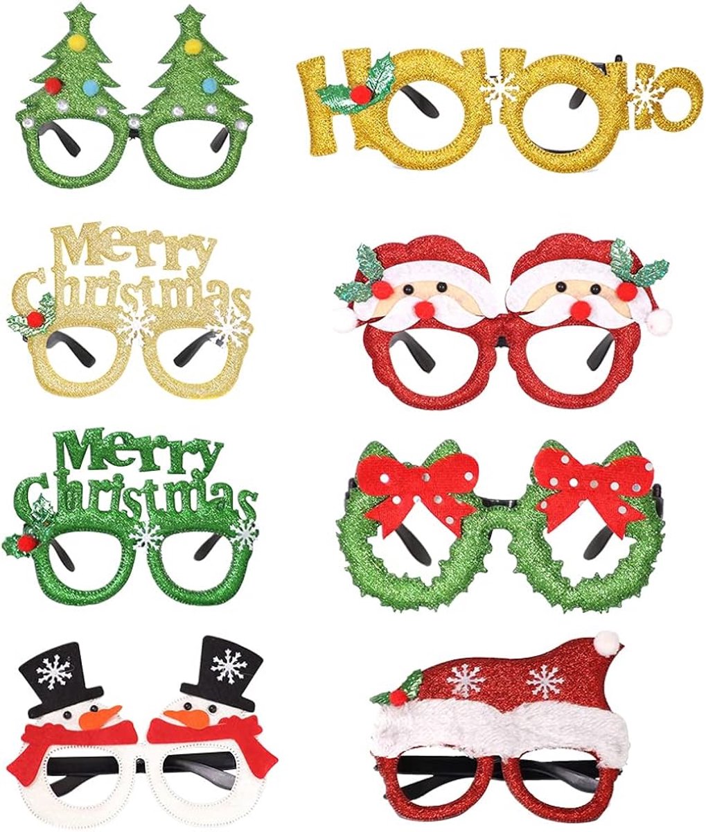 Kerstbrilmonturen-Groen Goud Rood Wit-Verschillende Afmetingen-PP Materiaal-Rebruikbaar-8 Stuks