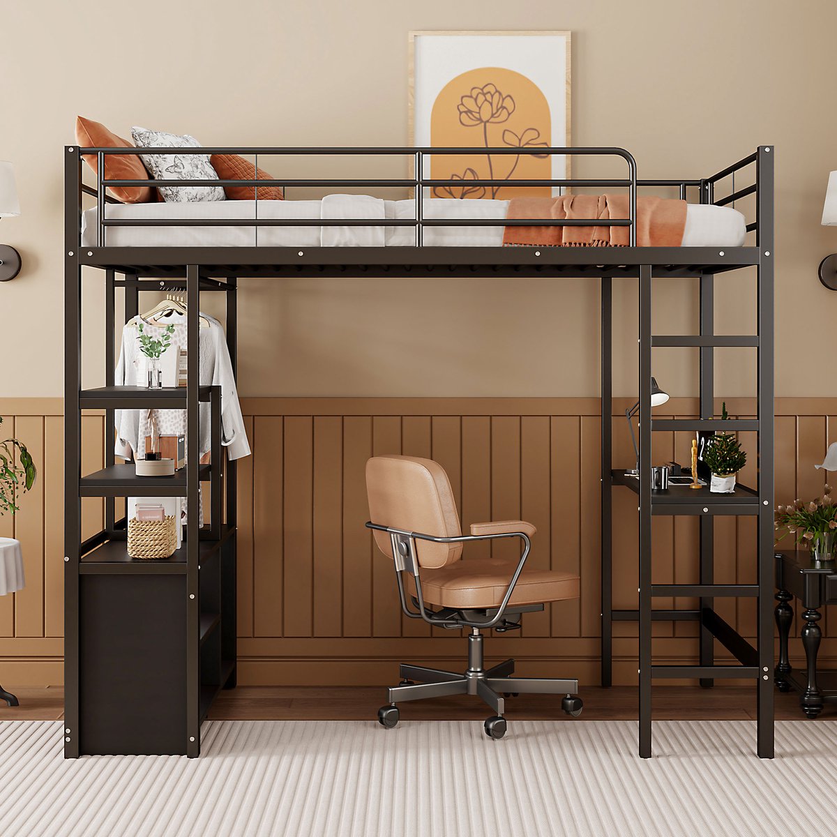 Merax Hoogslaper 90x200 cm - zonder matras - met bureau - voorzien van stopcontacten en USB - meerlagige planken - zwart