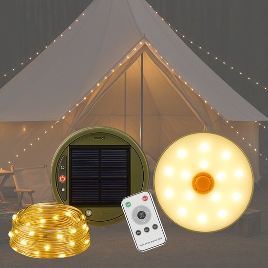 Niba® Solar Camping Lamp Groot met 10m LED Lichtsnoer - 3600mAh Accu - Oplaadbaar via Zonnepaneel & USB-C - Warm Wit - Inclusief Afstandsbediening & Powerbank - String Lights voor Tent, Camper & Tuin — afbeelding 4