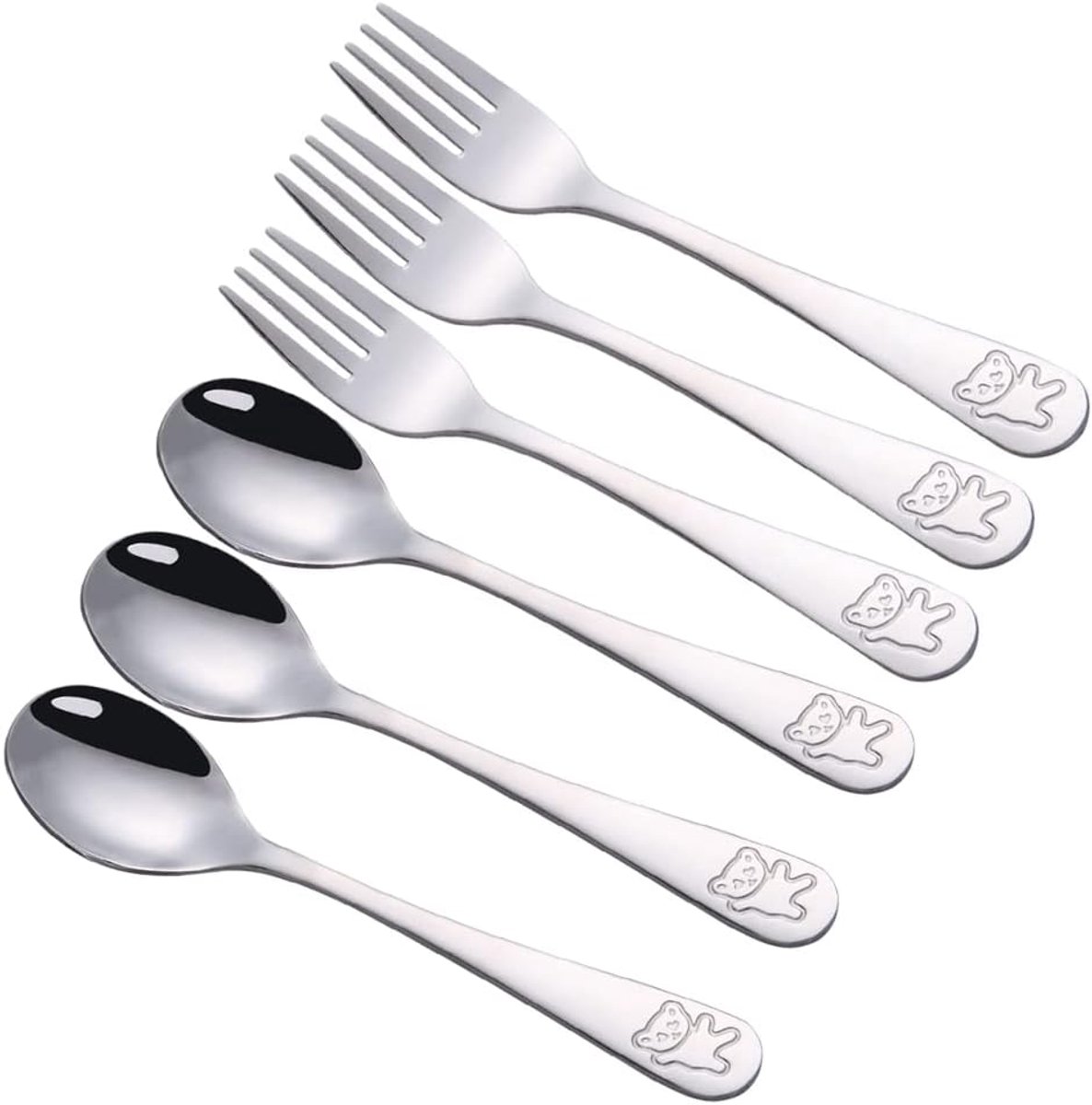 Image of 6 Stück Kindergeschirr aus Edelstahl - 3X Tischgabel - 3X Esslöffel - Kinderbesteck - Kleiner Bär
