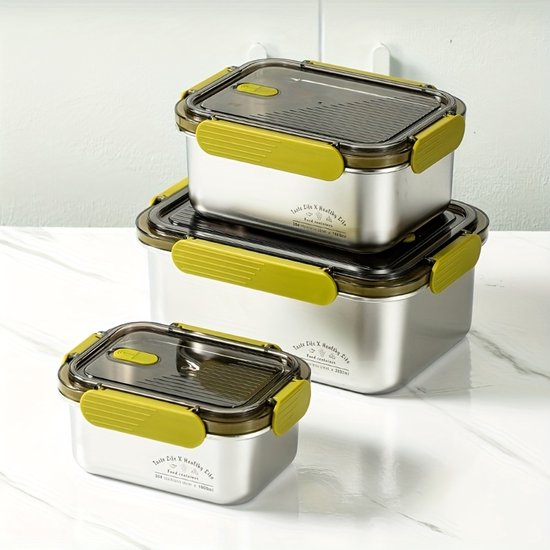 Dutchers® 3 Stuks Duurzame RVS Vershoudbakjes - 2600ml, 1600ml & 1000ml- Lunchbakjes Lekvrij - Lunchtrommel - Roest vrij staal Lunchbox - Hermetic Lunch Box - Meal Prep Bakjes - Broodtrommel Groot - Food Storage Containers