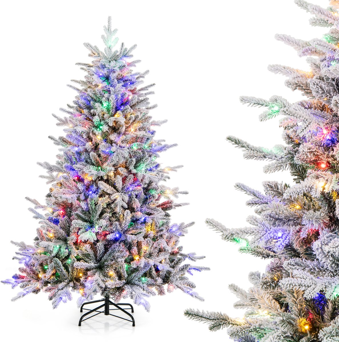COSTWAY Kunstkerstboom, 180 cm, gevlokte dennenboom met 260 veelkleurige ledlampen, 8 lichtmodi en 820 takpunten, verlichte kerstboom voor thuis, bedrijf en kantoor