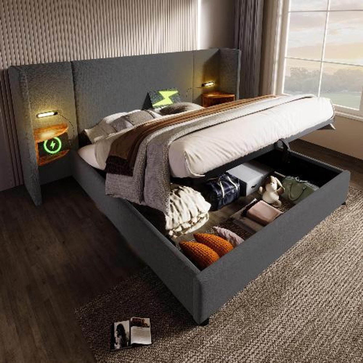 KOMHTOM BLACKCOLORS Bed 160×200 cm met matras, nachtkastje, leeslamp en USB Type-C, Grijs linnen