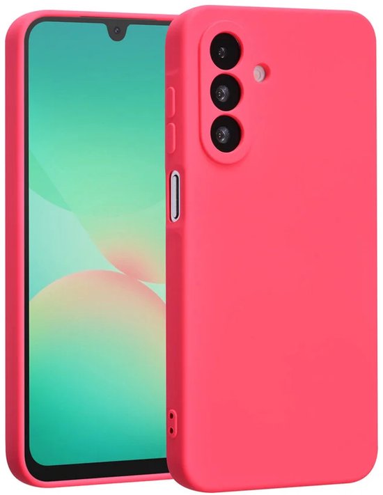 Felroze telefoonhoesje met openingen voor camera's en knoppen, naast een telefoon.