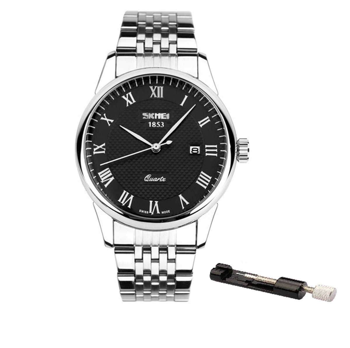 Stalen Heren Horloge - Polshorloge - Verstel Tool - Giftbox - Zwart