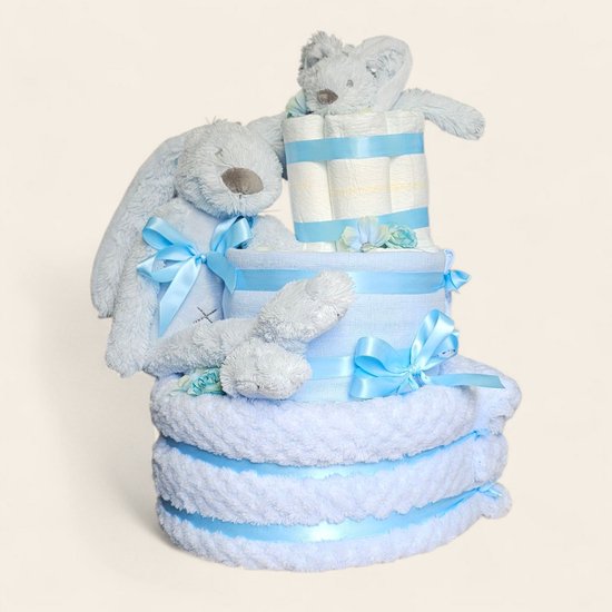 Luiertaart 3 laags blauwe met Rabbit Richie – Perfect Kraamcadeau — afbeelding 4