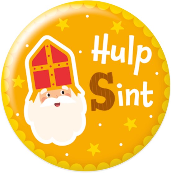 Gele ronde speld met 'Hulp Sint' en Sinterklaas afbeelding, omringd door gele sterren.