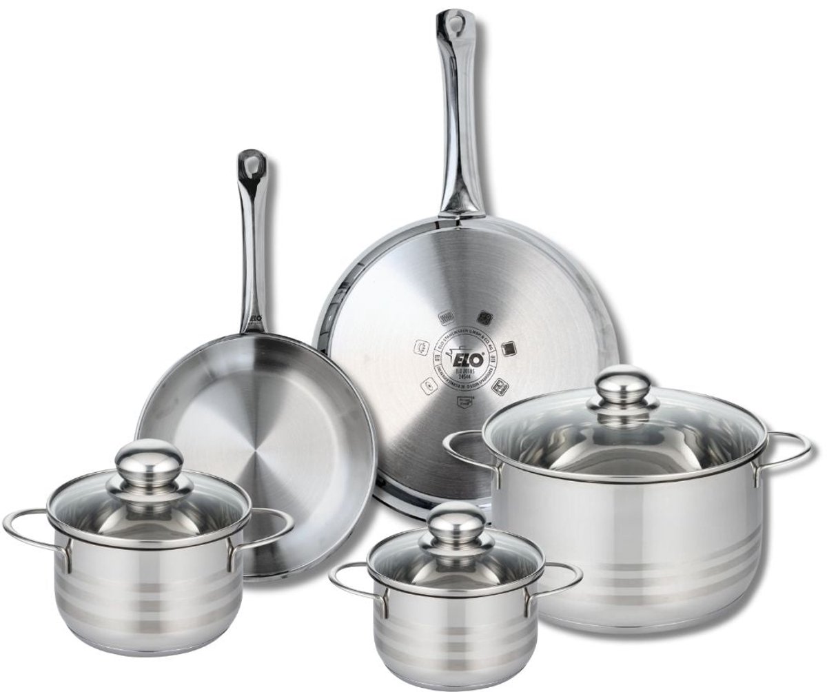 Set van 2 Koekenpannen 24 en 28 cm en 3 Kookpotten 14, 16 en 24 cm Elo Profi Brillant