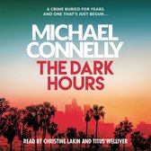 Boekomslag van 'The Dark Hours' van Michael Connelly. Een skyline van Los Angeles bij zonsondergang met palmbomen op de voorgrond. "A CRIME BURIED FOR YEARS. AND ONE THAT'S JUST BEGUN ..."