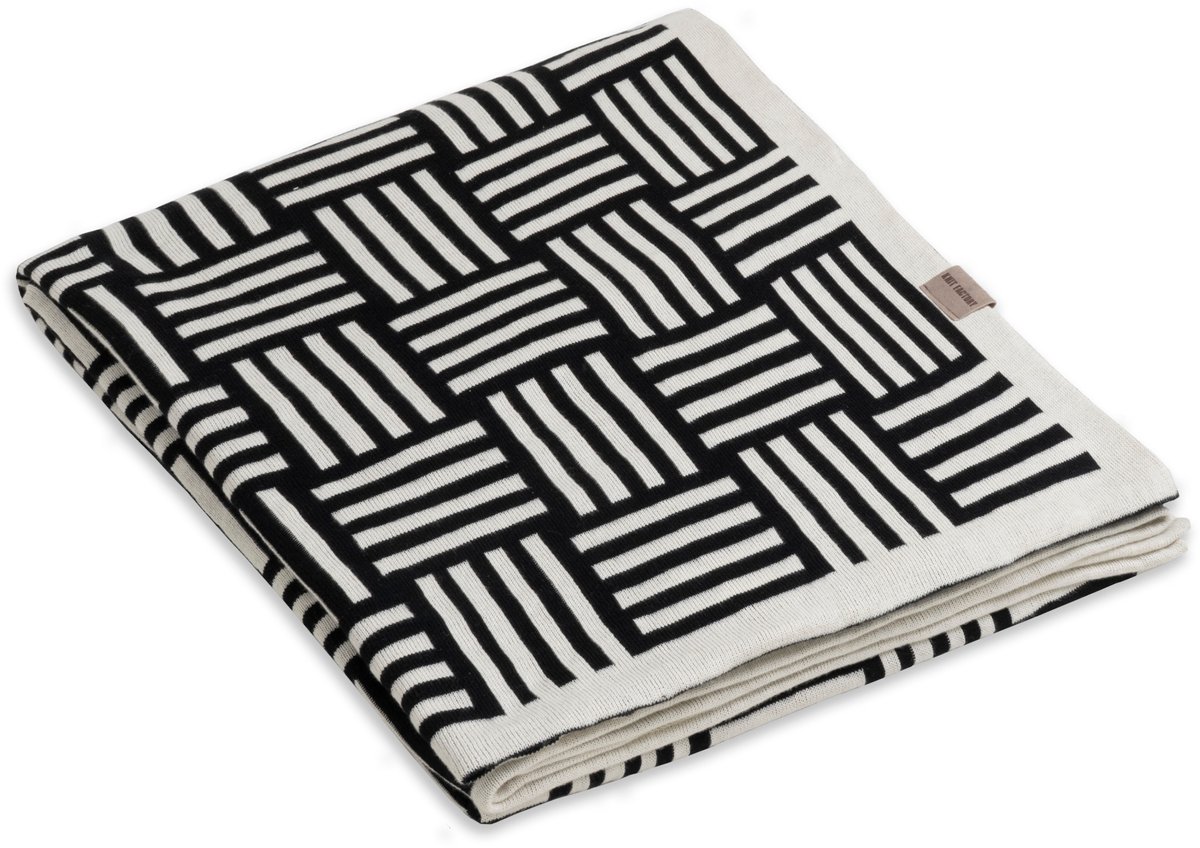 Knit Factory Dash Gebreid Plaid - Woondeken - plaid - Katoenen deken - Kleed - Geblokt/strepen motief - Ecru/Zwart - 160x130 cm