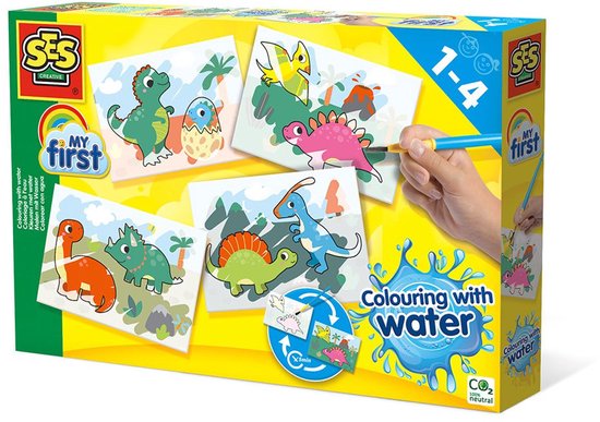 SES Creative- My First - Kleuren met Water - Dino's -Verven - geen geknoei - vrolijke kaarten met veilige kwast - steeds opnieuw te gebruiken - Dinosaurus Speelgoed 1 tot 4 jaar