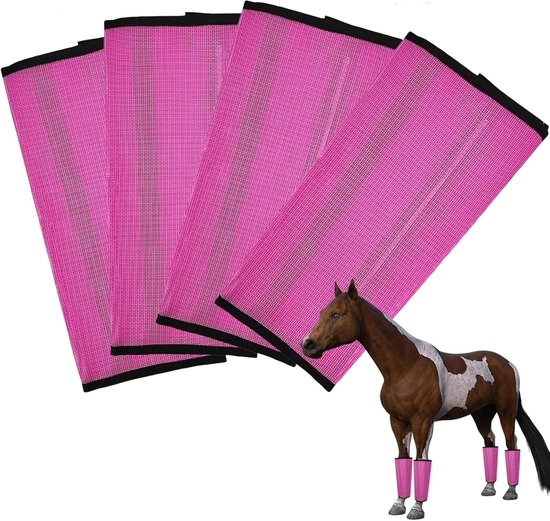 Guêtres anti-mouches en maille respirante et spacieuse pour chevaux. Réduit les foulures et la fatigue, protège des mouches. Set de 4 (rose).