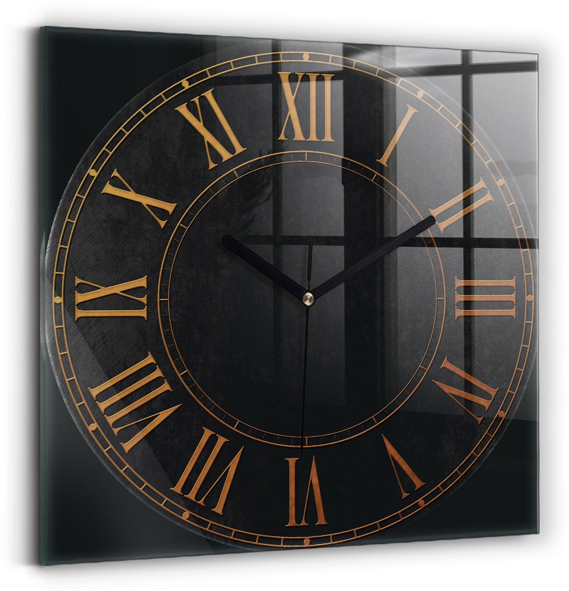 Wallfluent Wandklok - Oude Romeinse cijfers Klok met Print - 30 cm x 30 cm - Zwart Wandklok - Zwarte Handen - Wandklok zonder cijfers - Wandklok Glas Woonkamer - Decoratieve Wandklok - Design Wandklok - Unieke Wandklok