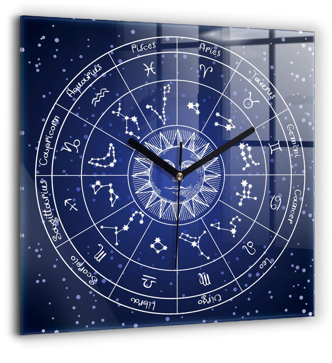 Wallfluent Wandklok - Dierenriemconstellaties Klok met Afbeelding - 60 cm x 60 cm - Blauw Wandklok - Zwarte Handen - Klok zonder getallen - Wandklok voor in de Keuken - Decoratieve Wandklok - Design Wandklok - Klok als Muurdecoratie