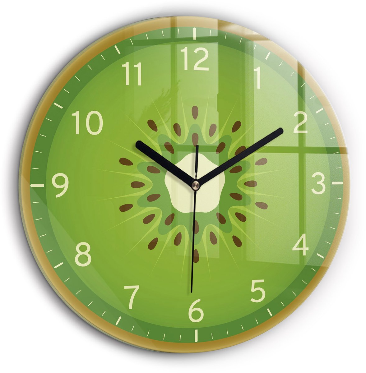 Wallfluent Wandklok - Kiwifruit Klok als Muurdecoratie - 60 cm x 60 cm - Groente Wandklok - Zwarte Handen - Klok zonder getallen - Kinder Wandklok Glas - Unieke Wandklok - Minimalistische Klok - Stijlvolle Klok