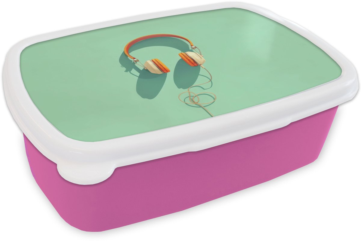 Broodtrommel Roze - Lunchbox Koptelefoon - Oranje - Snoer - Minimalistisch - Brooddoos 18x12x6 cm - Brood lunch box - Broodtrommels voor kinderen en volwassenen