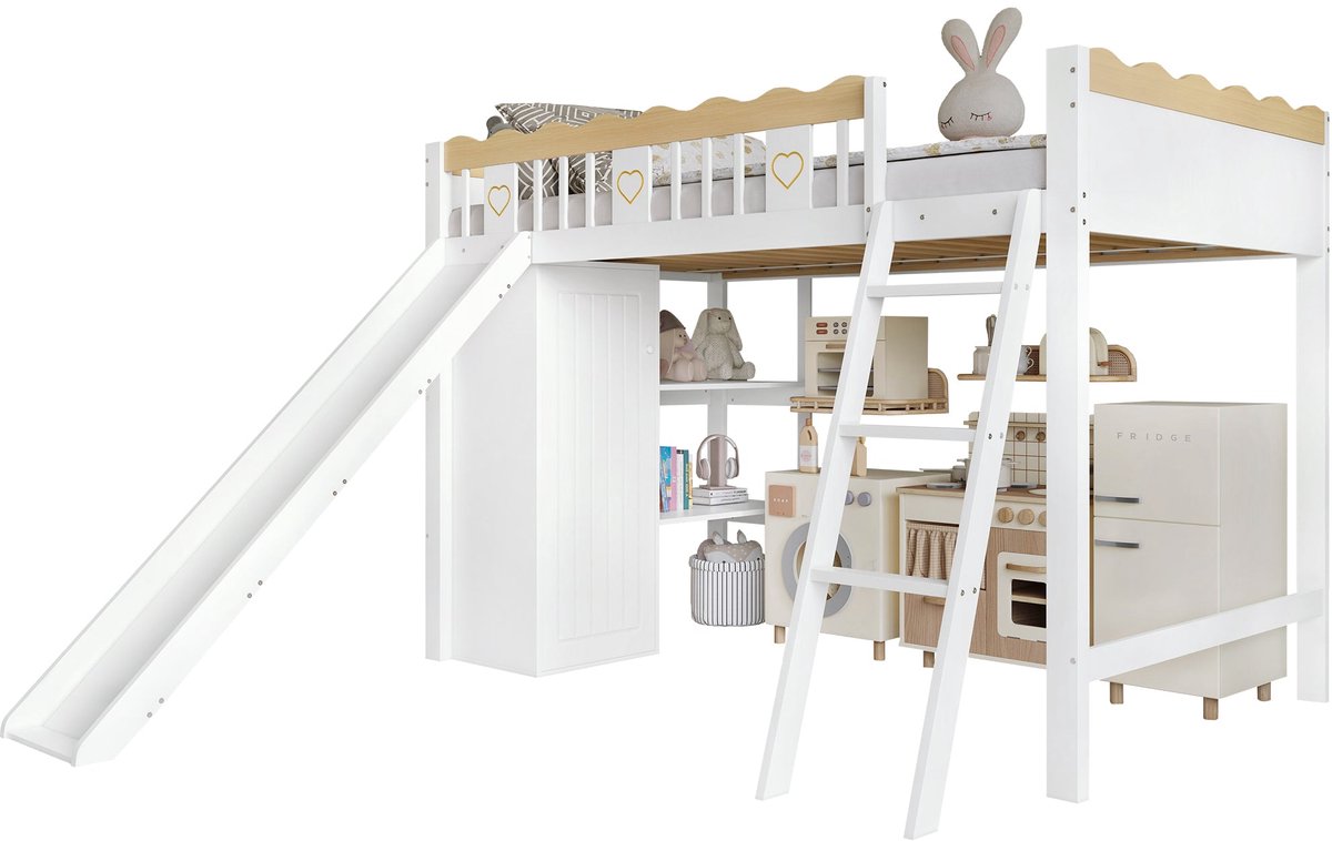 Merax Hoogslaper 90x200 met Glijbaan – Bed met Kast en Opbergruimte – Wit met Naturel Hout Bruin