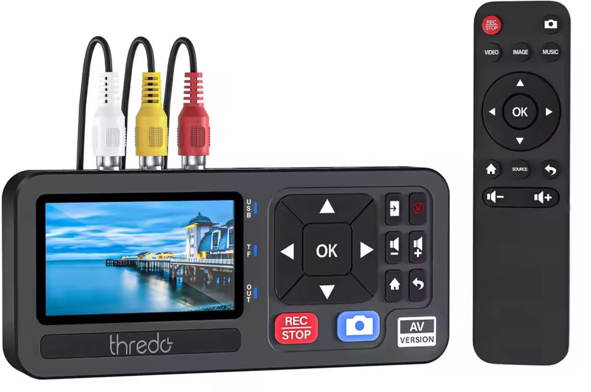 Thredo VHS-naar-Digitaal Converter / Videorecorder – AV (RCA) & S-Video → MP4 1080p – Zonder PC – 3″ Scherm – USB/TF tot 512 GB – Incl. Afstandsbediening – Zwart